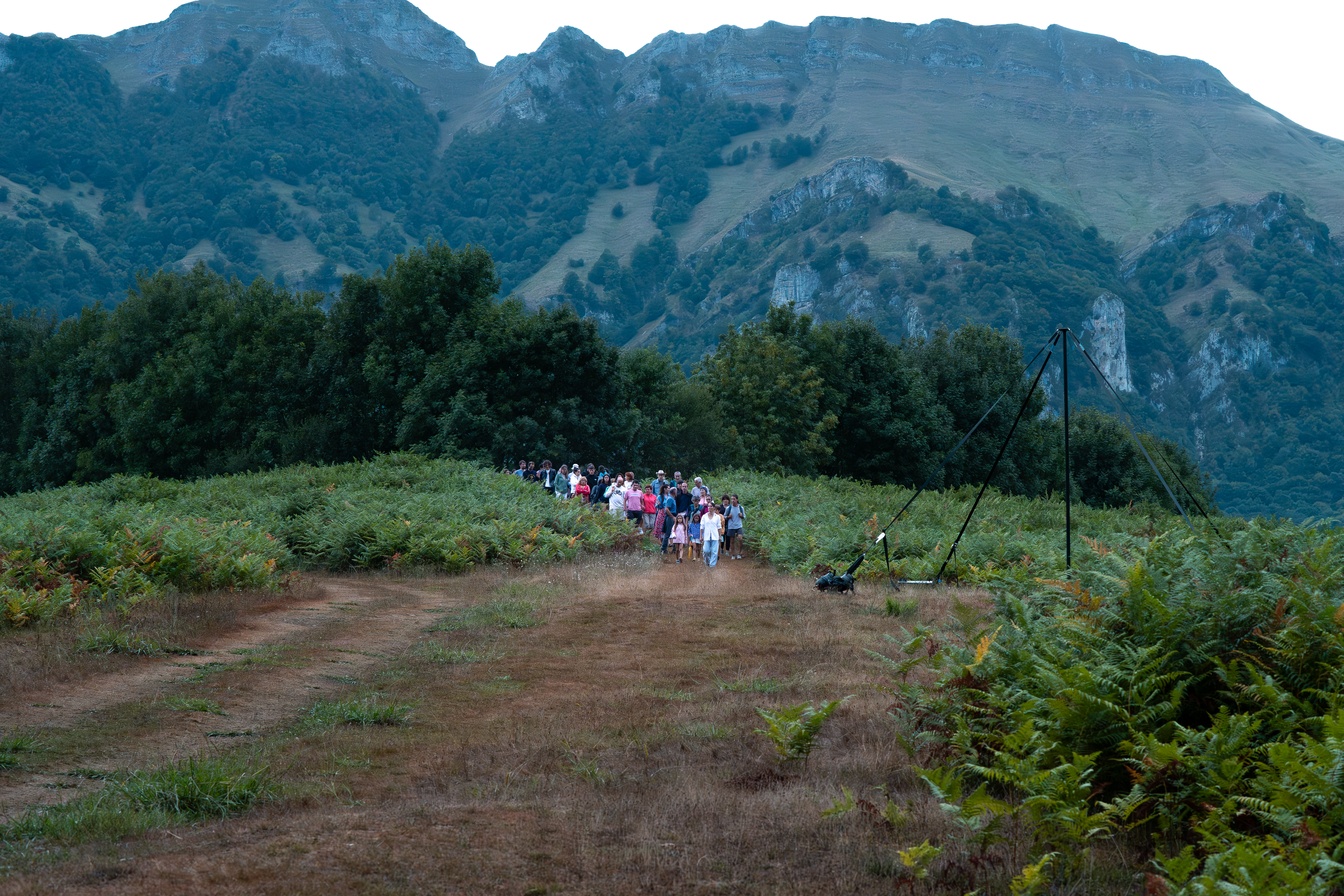 Fotografía de paisaje del Valle de Araiz. Plano general en el que se ve un grupo de 50 personas descendiendo por un camino de montaña hacia el claro que tienen delante. A los lados de las personas y del camino, hay una manta extensa de helechos. Detrás de las personas, en el el fondo de la imagen, hay montañas muy altas que tapan casi por completo el fondo de la imagen. En la parte superior, el cielo se ve blanco y encapotado por las nubes.